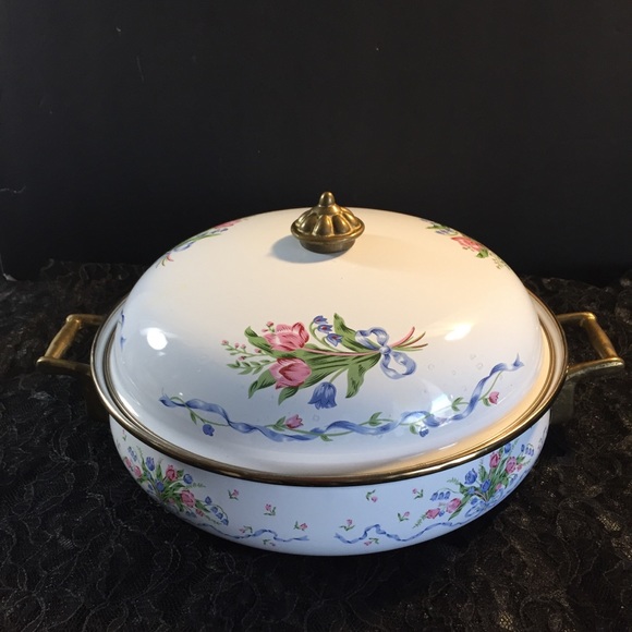 Vintage Other - ❌HP Vintage porcelain enamel cookware skillet lid frying pan cooker